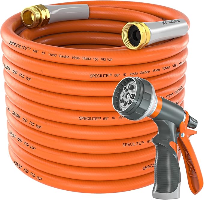 SPECILITE Garden Hose 50 ft x 5/8 in Heavy Duty, Flexible and Lightweight Water Hose, Burst 600 psi, Kink-less Hybrid Rubber Hose for Backyard, 3/4'' Brass Fittings