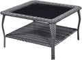 Rilyson Patio Tables Outdoor Coffee Table - Wicker Rattan Coffee Tables with 2-Tier Storage Shelf Glass Top for Proch Deck Balcony Garden Squre Mixed Grey