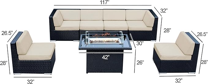 7 Piece Outdoor Patio Furniture Black Wicker Sunbrella Coal Conversation Set with Fully Assembled Sectional and 42-inch Propane Gas Fire Table
