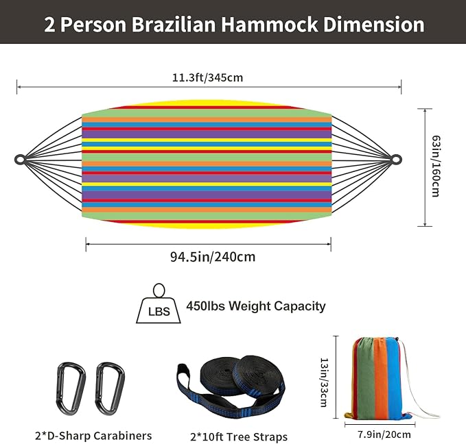 CHULIM Brazilian Double Hammock with Tree Straps,Extra Large 94x63IN,2 Persons Hammock for Backyard Patio Outdoor and Indoor,450lbs Weight Capacity,Soft Woven Cotton Fabric - Tropical