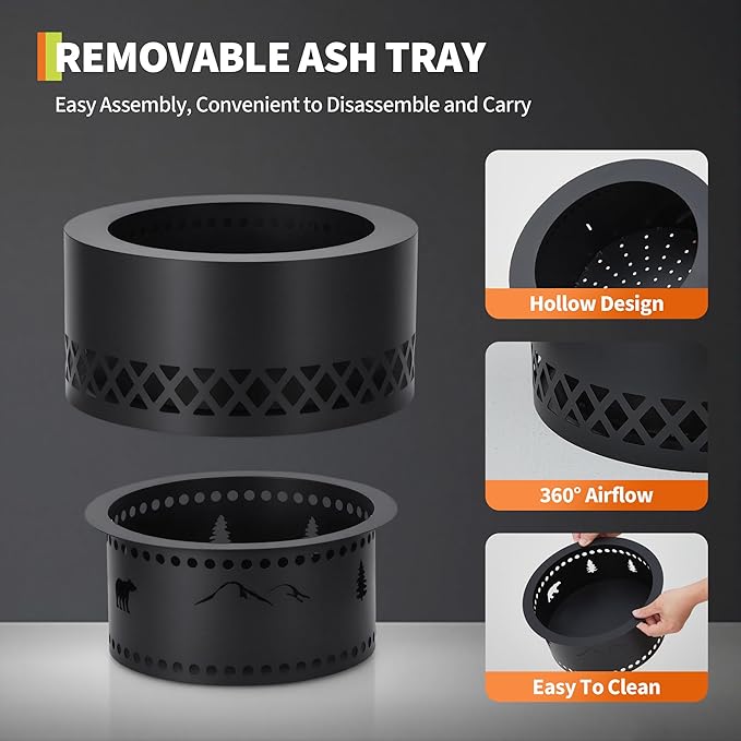 19 Inch Smokeless Fire Pit, Wood Burning Outdoor Fireplace with Removable Ash Pan & Dust Bag - Ideal for Patio BBQ, Bonfire, Camping