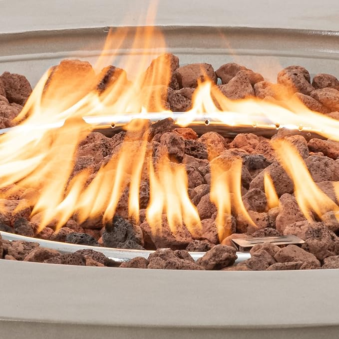 COSIEST Outdoor Propane Fire Pit Coffee Table w Gray 42 inch Round Base Patio Heater, Certified, 50,000 BTU Stainless Steel Burner, Wind Guard, Tank Outside, Free Lava Rocks, Waterproof Cover