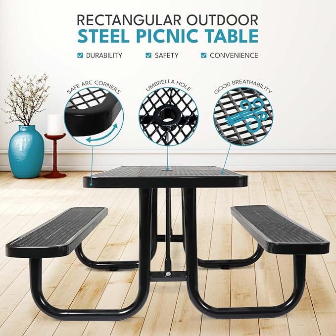 Phyfalip 6 ft. Rectangular Outdoor Steel Picnic Table with Umbrella Pole, Heavy-Duty Weather-Resistant Dining Table for Patio, Backyard, and Garden, Rust-Resistant Finish, Black