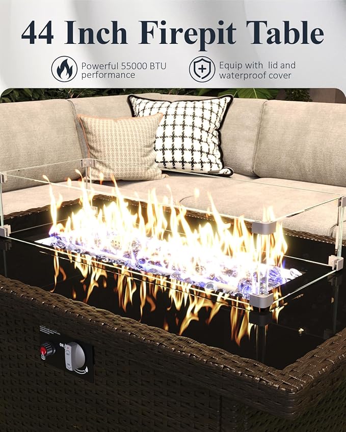 LayinSun 7-Piece Outdoor Modular Wicker Sectional Sofa with Fire Pit Table, Patio Furniture Conversation Set with Deep Seating and Thick Cushions