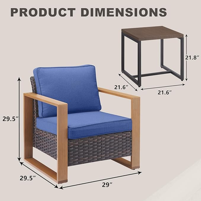 Rilyson 3 Piece Wicker Patio Furniture Set,Patio Bistro Set with 2 Rattan Armrest Chairs and 1 Side Table,Sturdy Frame,All-Weather PE Wicker,Wide Armrest,Deep Seating and Thick Cushions(Brown/Blue)
