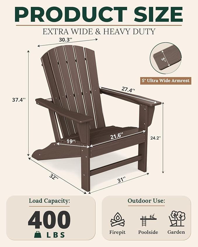BRIOPAWS Adirondack-Chairs-Set of 2 | Brownwood Grain |Fire Pit Chair | Oversized | HDPE Plastic | Weather Resistant | for Deck Outdoor Poolside Campfire