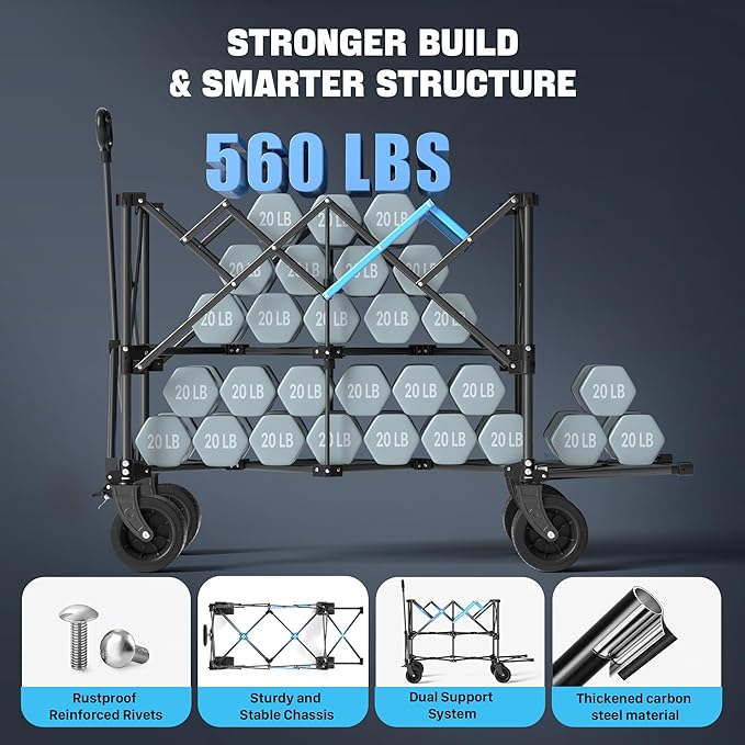 52" Heavy Duty Double Decker Wagon with Brakes,560LBS Double Decker Wagon Collapsible,650L Foldable Wagons Carts with All-Terrain Big Wheels for Sports,Camping,Fishing,Transport