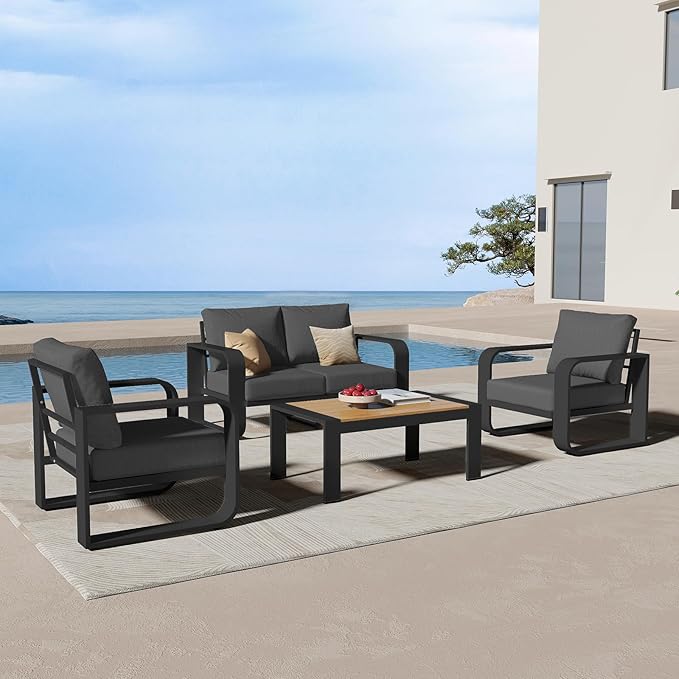 Oasbira Aluminum Outdoor Patio Furniture Set, 4 Piece Oversized Patio Conversation Sets Widened Armrest & Ultra-Thick Cushions, Heavy Duty Modern Sectional Furniture for Backyard, Deck, Graphite