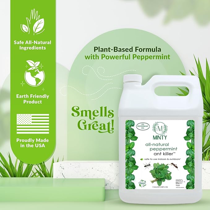 Minty Ant Killer - Natural 5% Peppermint Essential Oil Spray for Bugs, Ants and Insects - Safe for Indoor & Outdoor Use Repellent Spray 128 Fl Oz Gallon Trigger Sprayer