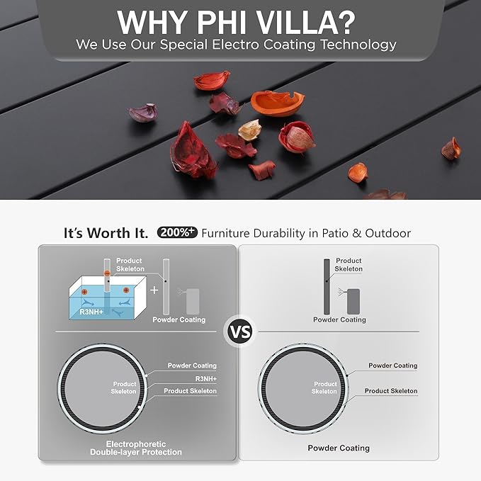 PHI VILLA Outdoor Dining Table for 6, 60" Long Rectangular Metal Wrought Iron Table with Umbrella Hole, All-Weather Large Furniture for Patio, Backyard, Porch