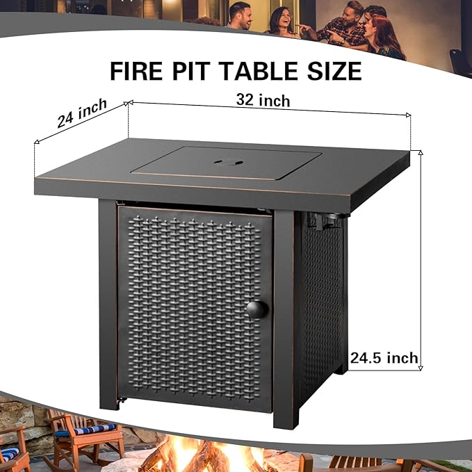 32 Inch Propane Fire Pit Table, Outdoor Gas Fire Pits with 2 Drink Holders, Lid & Lava Rock, 50000 BTU Firepit Table for Dinning, Party in Outside, Patio, Garden or Yard