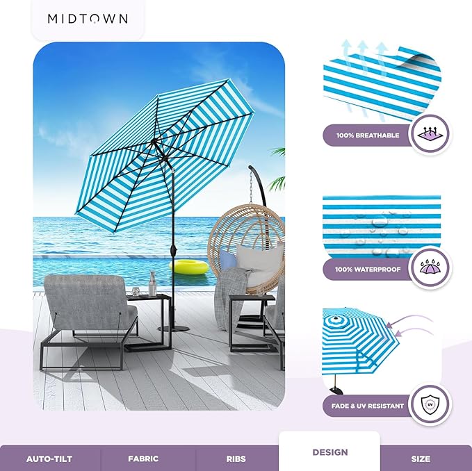 Midtown Umbrellas The Lean 9 Feet Outdoor Umbrella With Terylast Cobalt Stripes (Blue/White Stripes) Polyester Fabric - Auto-Tilt Aluminum Frame Patio Umbrella For Deck, Garden, Pool - Black Pole