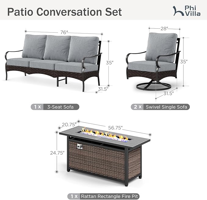 PHI VILLA Patio Furniture Set with 56" Fire Pit Table, Premium Outdoor Wicker Metal Frame Furniture with Upgraded Waterproof Thick Cushions for Porch, Poolside, Deck, and Yard （4 Pieces, Grey