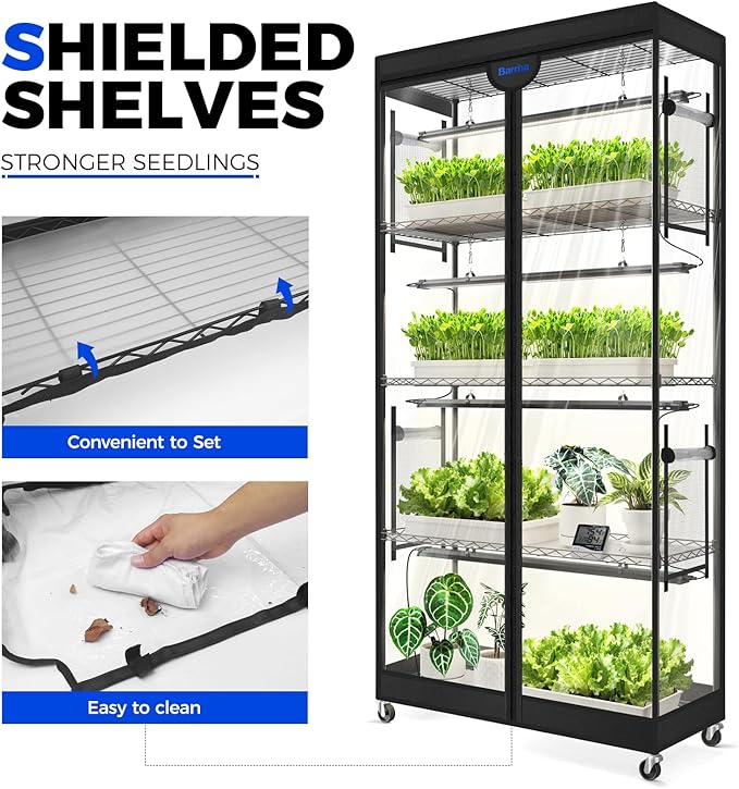 Barrina LP900 Indoor Greenhouse with Grow Light, 5-Tier Plant Stand with Tent, 180W TX-S45 3FT Grow Light 5000K Full Spectrum, Timer & Thermometer for Seed Trays, 35.4 x 13.8 x 70.9IN
