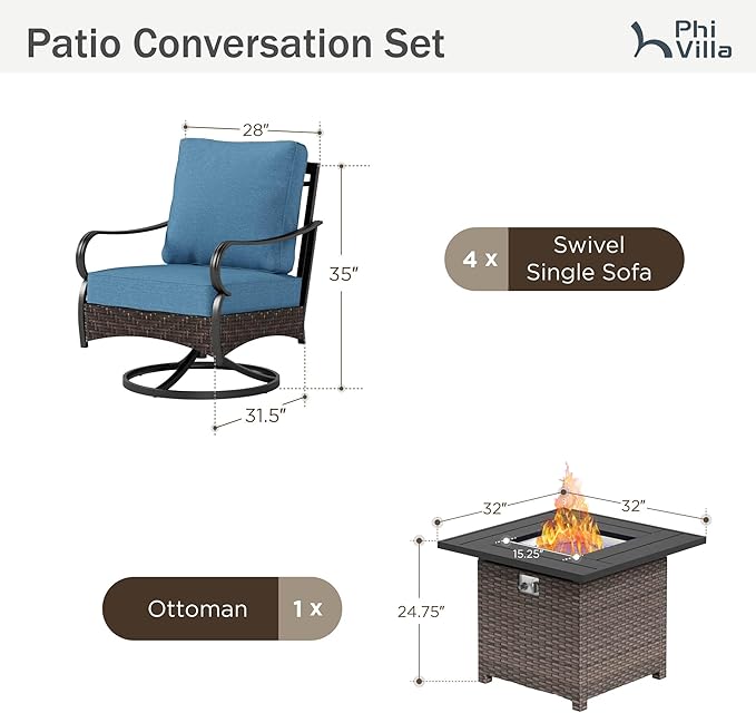 Patio Furniture Set with 32" Fire Pit Table, Patio Conversation Sets 4 Swivel Chairs with Thick Cushion and 50000 BTU Fire Pit Table (5 Pieces,Navy