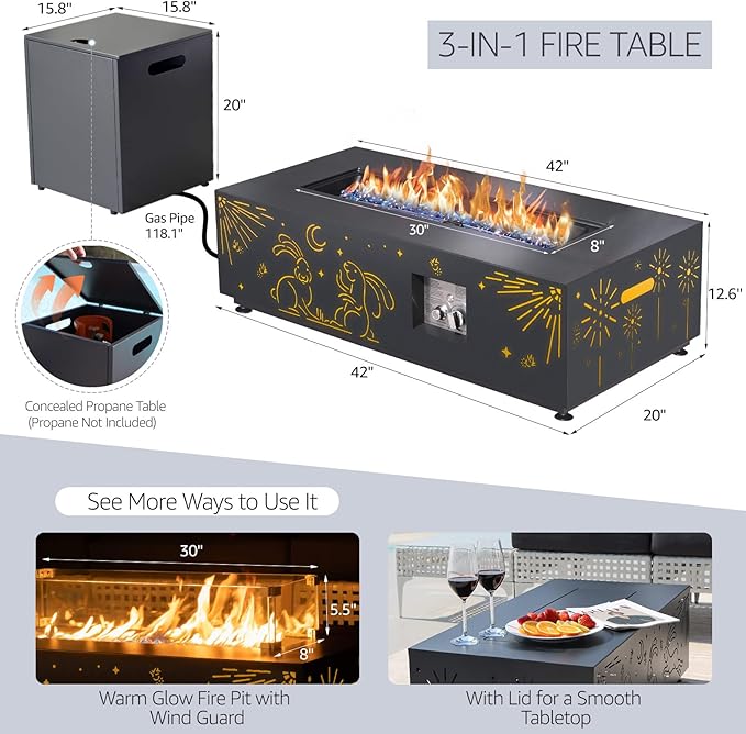 NICESOUL Outdoor Natural Gas/Propane Firepit Table, 42'' Rectangular Fire Pit with Hidden Tank Table, 50000 BTU Modern All-Weather Metal Fireplace with LED Light for Outside Patio, CSA Certified, Grey