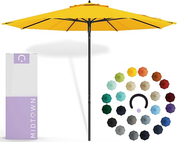 Midtown Umbrellas Push Pop Sunbrella Umbrella 9 Feet Outdoor Umbrella in Yellow Fabric - Patio Umbrella, Backyard Umbrella, Garden Umbrella, Picnic Table Umbrella & Pool Umbrella - Black Pole