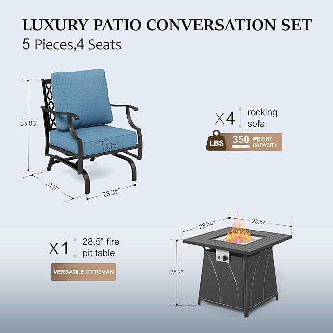 HERA'S HOUSE 5 Pcs Patio Furniture Set with Fire Pit Table, 4 x Thick Cushioned Rocking Chairs, 1 x 28 Fire Pit Table (50,000 BTU), Conversation Set for Garden Backyard Lawn, Navy Blue