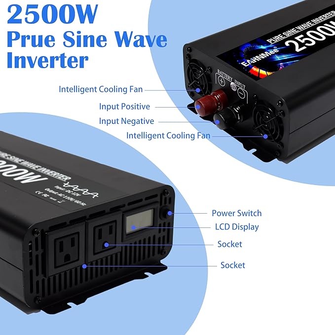 Power Inverter 2500 Watt,Vehicles 12V to 110V Converter 2500w,Power Adapter,Pure Sine Wave Inverter for Car,RV,Solar,Truck,Camping Gear,with LCD Display