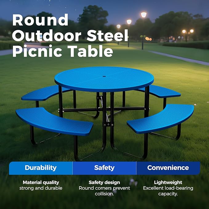 Rueekfil 46" Coated Picnic Table with Umbrella Hole, Heavy Duty Commercial Picnic Table for Outdoors, Family & Party Ready for School Camping, Round, Blue