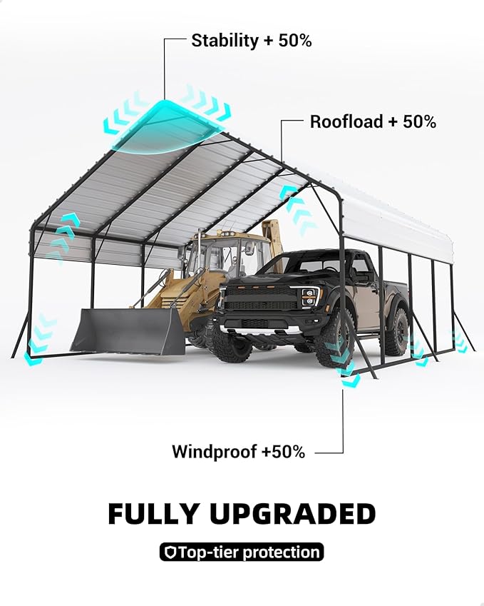Garveelife 20'x20'x13' Metal Carport for 2 Cars, Heavy Duty Car Ports for Heavy Snow, Reinforced Frame, Tall Metal Car Ports for Bass Boats, Full-Sized Pickup Trucks, and Tractors, N.W. 800 Lbs