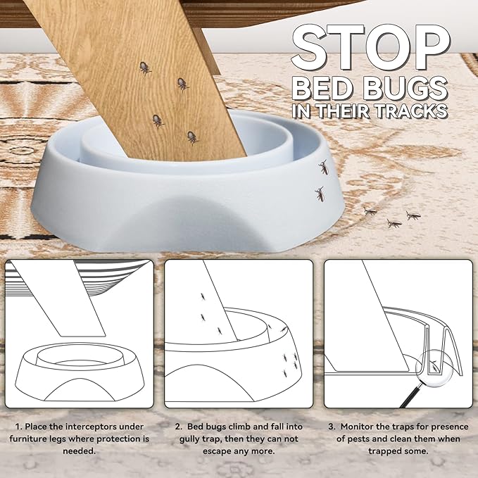 Bed Bug Interceptors Traps | Insect Trap, Monitor, and Detector for Bed Legs with Anti Skid Pads Included (White - 8 Pcs)