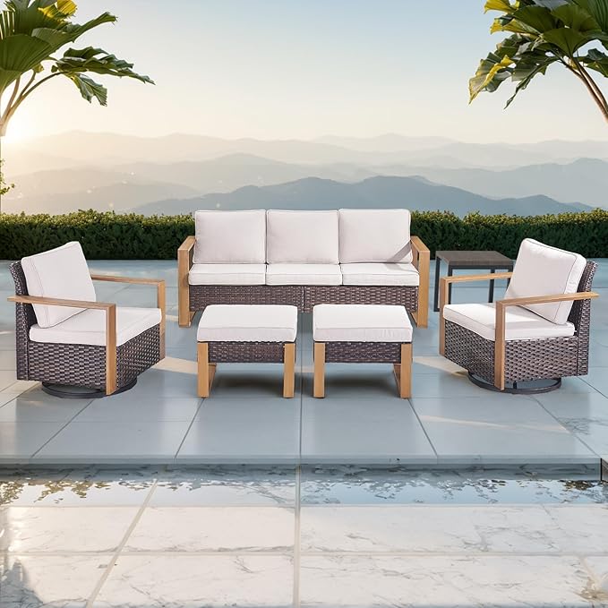 Rilyson Outdoor Wicker Patio Furniture Set - 6 Piece Patio Conversation Set with 2 Wicker Swivel Rocker Chairs,2 Rattan Ottoman,1 Side Table and 1 Couch,Thick Cushions,Deep Seating(Brown/Beige)
