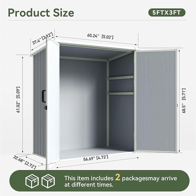 5x3FT Storage Shed Plastic Outdoor Storage Shed Waterproof Container House with Floor and Lockable Door for Garden, Lawn, Backyard