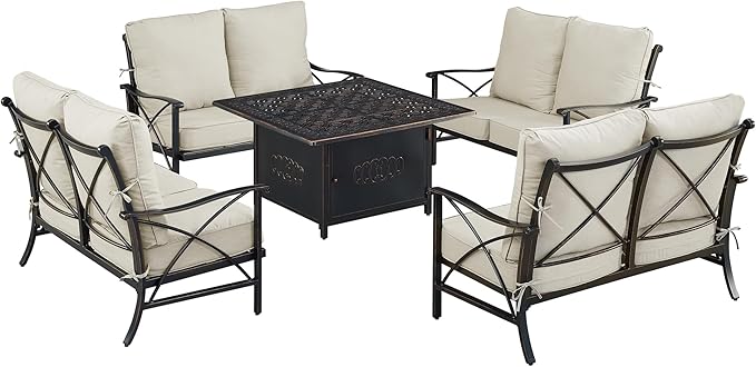 Oakland Living Black Aluminum Patio Fire Table Set with Four Deep Seating Loveseat with Cushions