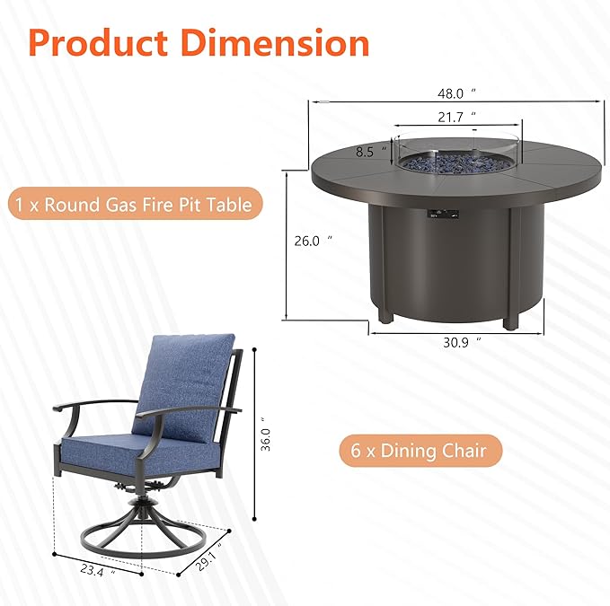 7 Pieces Patio Furniture Set with Round Fire Pit Table, Outdoor Conversation Sets 6 Swivel Chairs with Upgrade Cushions for Patio, Backyard Dark Blue