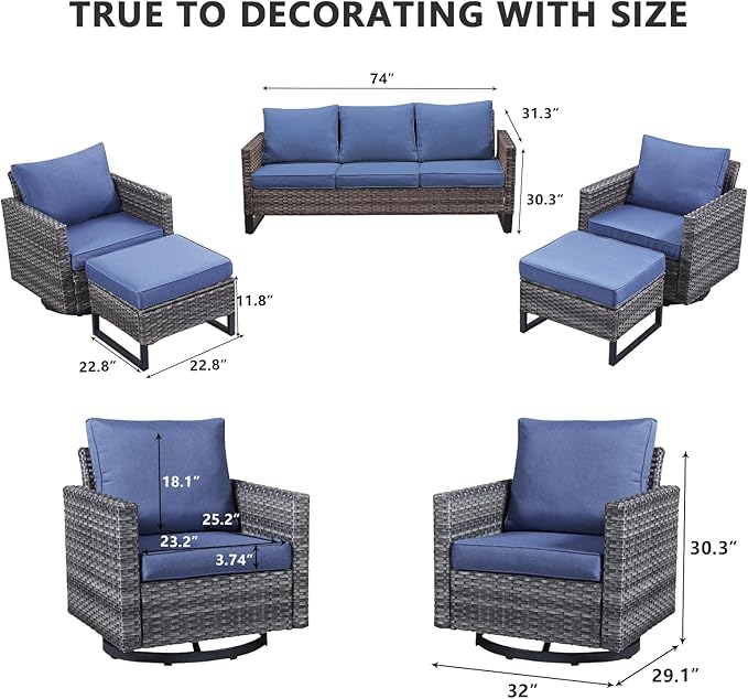 HUMMUH 5 Piece Patio Furniture Set Outdoor Sectional Sofa,PE Wicker Patio Swivel Rocker Chairs with Ottomans for Porch,Garden,Backyard