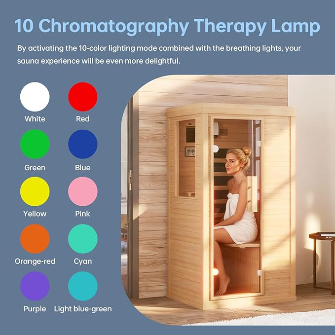 Far Infrared Sauna Home 1 Person, Canadian Hemlock Wooden Indoor Dry Sauna Spa Room for Indoor Low EMF 850W 120V with Bluetooth Speakers and Control Panel, Half Glass