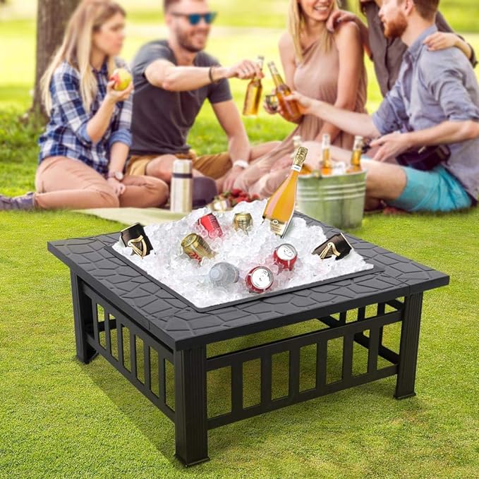 Yaheetech Multifunctional Fire Pit Table 32in Square Metal Firepit Stove Backyard Patio Garden Fireplace for Camping, Outdoor Heating, Bonfire and Picnic