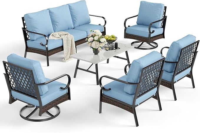 SUNSHINE VALLEY 6 Piece Metal Outdoor Patio Furniture Set - 1 3-Seater & 2 Fixed & 2 Swivel Sofas with 5.75" Thick Cushion & Coffee Table - Black & Blue Backyard Furniture