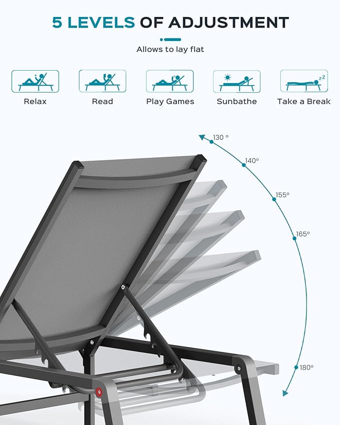 Patio Chaise Lounge Chair Set of 4, Foldable Lounge Chair for Outside, Aluminum Chairs with 5 Adjustable Backrest, Outdoor Pool Lounger for Poolside, Patio, Deck, Grey