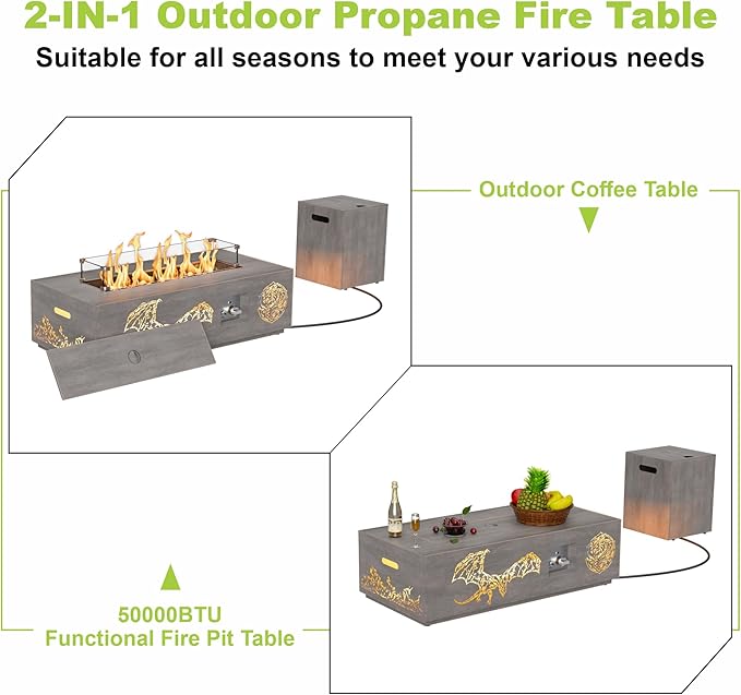 Dineli 2-Piece Outdoor Propane Fire Pit Table Set w Tank Table 42'' Rectangular Gas Fire Pits for Outside Patio Fire Table w LED, 50,000 BTU (Gray, Pterosaur Cutout with Warmlight)