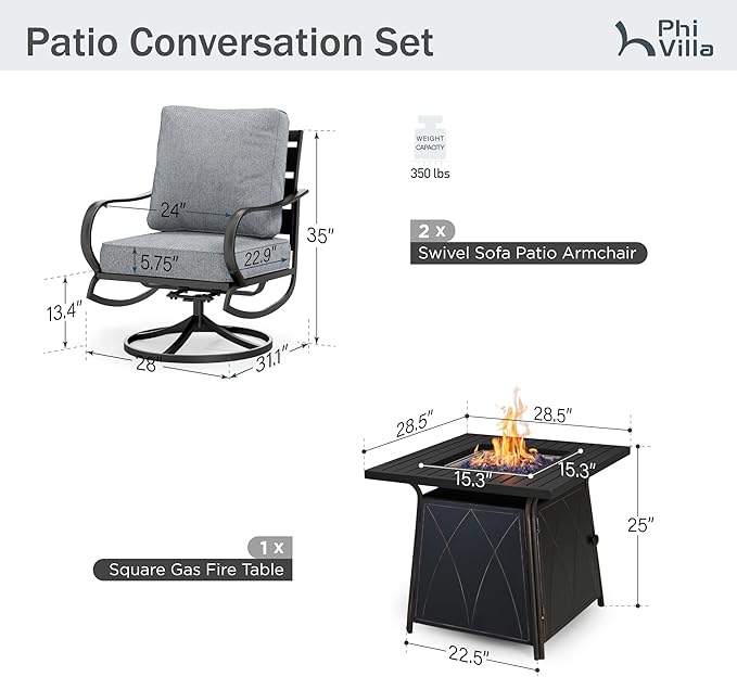 PHI VILLA 5 Piece Patio Furniture Set with 28" Firepit Table, 4 Outdoor 5.75" Cushioned Metal Frame Swivel Sofa Chairs & 28" Gas Firepit Table, Outside Furniture Set for Lawn Garden(Grey)
