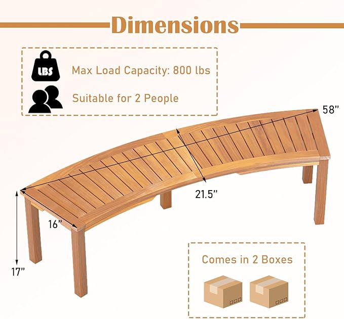 RELAX4LIFE Wooden Outdoor Curved Bench - Acacia Wood Garden Bench w/Slatted Seat, 2-Person Outside Backless Seating for Porch Backyard Deck Park, 800 LBS Load Capacity, Patio Fire Pit Bench (4, 58'')