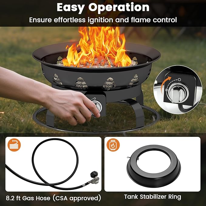 Giantex Portable Propane Fire Pit, 21 Inch Smokeless Fire Bowl with Cover, Natural Lava Rocks, Tank Holder, 58,000 BTU Round Outdoor Gas Firepit for Outside Camping, Patio, Yard