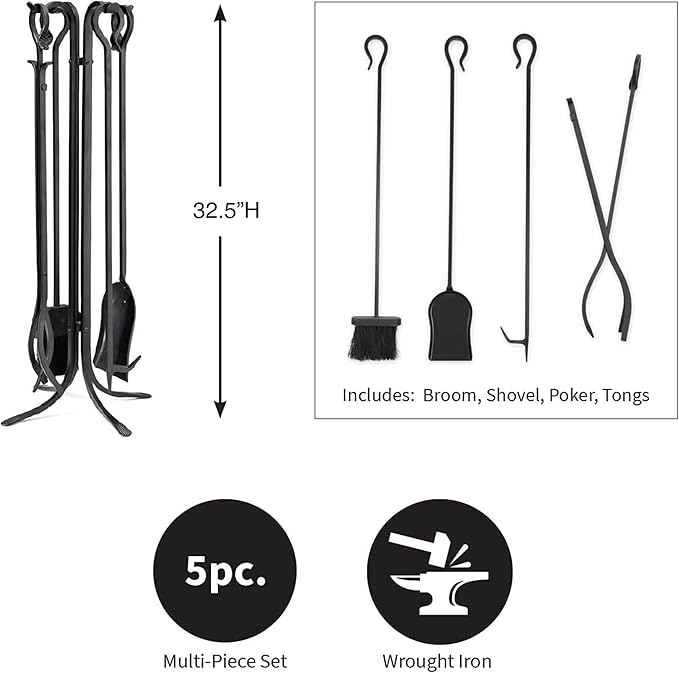 Plow & Hearth 5 Piece Hand Forged Iron Compact Fireplace Tool Set 32.5" | Black Wrought Iron Handle for Outdoor Indoor | Stand Poker Shovel Brush Log Tongs Wood Stove Accessory