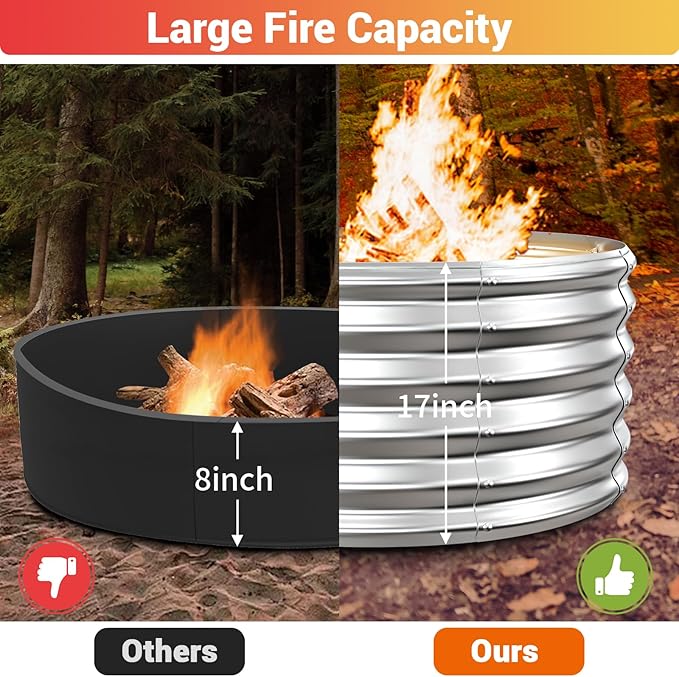 39 Inch Fire Pit Ring for Outside Wood Burning,17'' Taller High Heat Resistant Outdoor Firepit & Fireplace,Heavy Duty Galvanized Steel Fire Bowls Portable for Backyard Bonfire,Patio,Camping