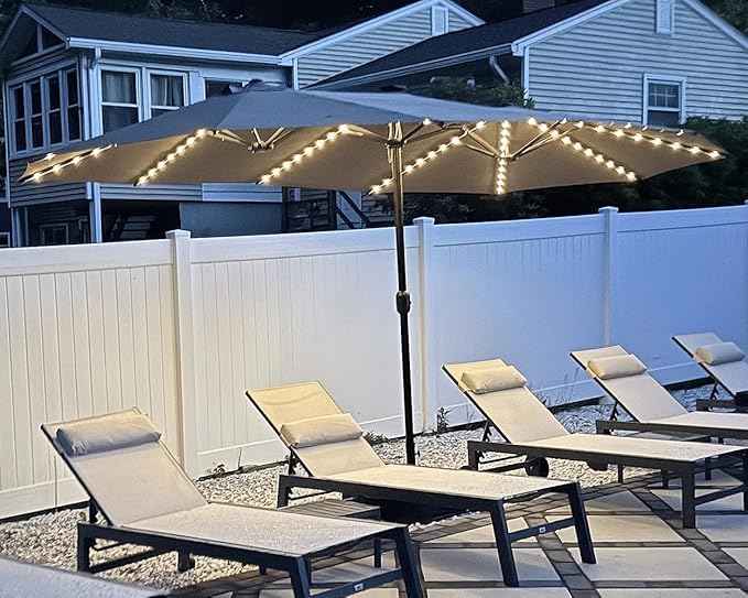 PURPLE LEAF 14ft Patio Market Umbrella with Solar LED and Base Double-Sided Rectangle Outdoor Table Sun Umbrellas with Crank for Pool Beach Deck Backyard Taupe