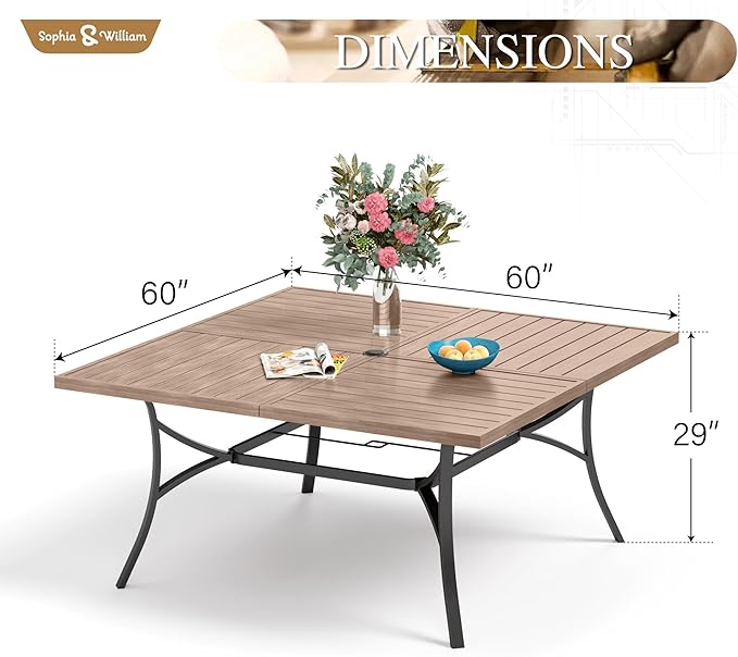 Sophia & William 60" Large Outdoor Patio Table for 8, Outdoor Square Metal Dining Table with 1.9" Adjustable Umbrella Hole, All Weather Wrought Iron Furniture Table for Garden Deck, Brown