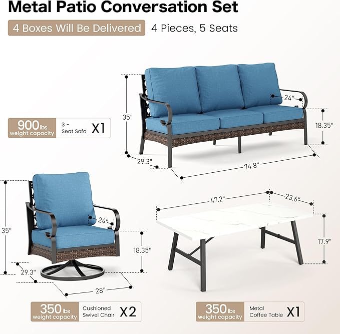 SUNSHINE VALLEY 5 PCS Metal Outdoor Patio Furniture Set, Patio Conversation Sets 1 3-Seater Sofa, 2 Swivel Chairs with 5.75" Extra Thick Cushion & Coffee Table, Black Backyard Furniture, Denim Blue
