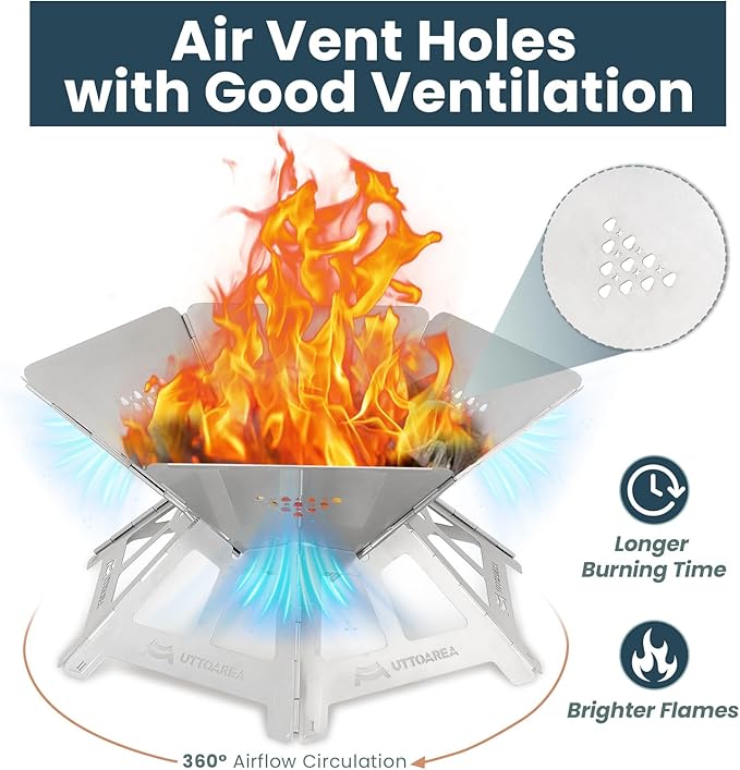 21" Portable Outdoor Fire Pit, Stainless Steel Portable & Collapsible Fire Pit with Charcoal Grill Net & Storage Bag,Wood-Burning for Patio, Backyard BBQ, Camping & Beach Bonfires
