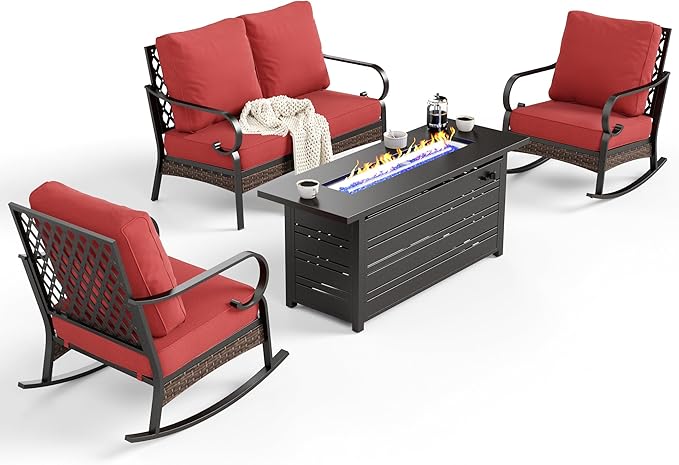 SUNSHINE VALLEY 4 Piece Metal Outdoor Patio Furniture Sets with Firepit Table, Patio Conversation Sets 1 2-Seater Sofa, 2 Rocking Sofa with 5.75" Cushion Black Backyard Furniture for Deck, Rust Red