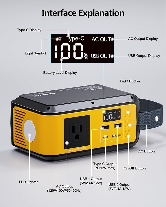 VTOMAN Jump100 88.8Wh Portable Power Station LiFePO4 Battery Solar Generator Power Bank with 100W AC Outlet, LED Light, PD 60W USB-C Fast Charging for Notebooks Mobile Phones Camera Tablets, Camping