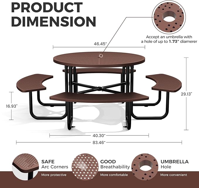 Rueekfil 46" Coated Picnic Table with Umbrella Hole, Heavy Duty Commercial Picnic Table for Outdoors, Family & Party Ready for School Camping, Round, Brown