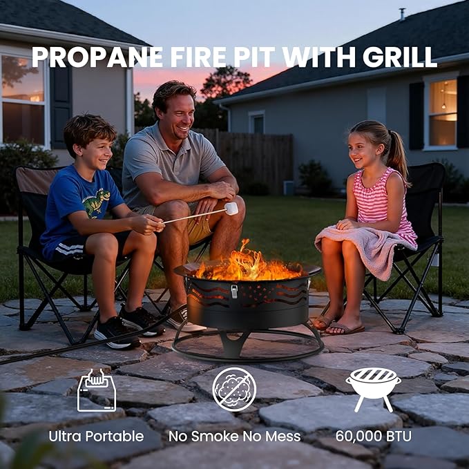 24 Inch Propane Fire Pit, Portable Gas Fire Pit Bowl for Outside, 60,000 BTU Smokeless Outdoor Firepit with Lid & Grill Grate for Patio, Yard, Gardenn, Camping