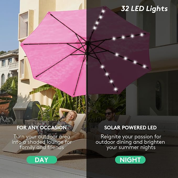 JEAREY 9FT Outdoor Patio Umbrella with Solar Lights, LED Lighted Pool Umbrella with Tilt and Crank, Outdoor Table Umbrellas for Deck, Yard & Market (Rose Pink)